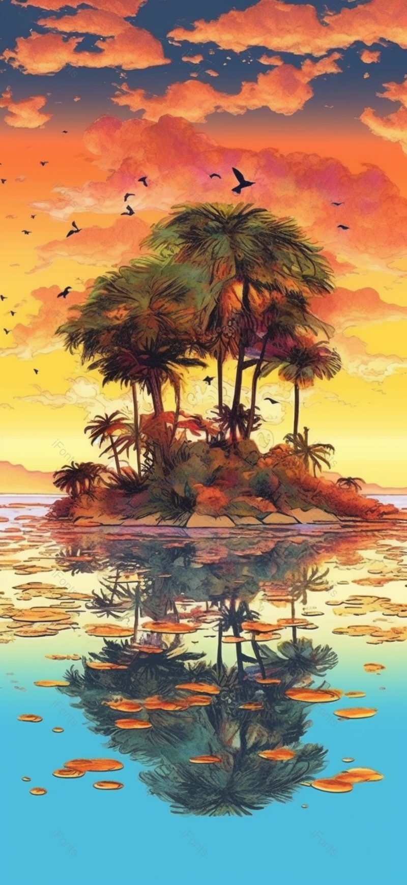 夏日湖边树木倒影夕阳,插画/手绘图,插画/手绘图库,插画/手绘图下载,插画/手绘